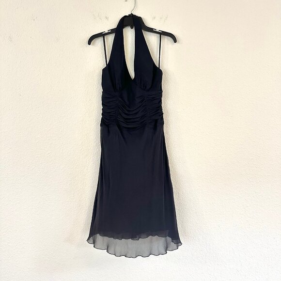 Vintage 90s Y2K Womens Silk Black Babydoll Midi Dress Size 8 Ruched Whimsigoth - Picture 8 of 9